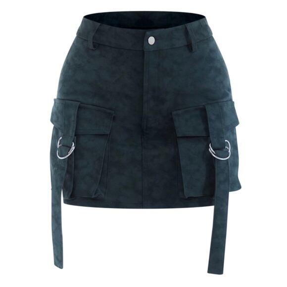 NWT Pretty Little Thing Green Faux Leather Cargo Utility Mini Skirt Size 8 - Picture 5 of 12